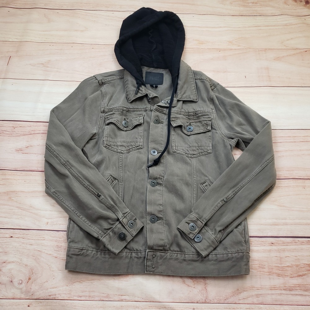 Paige Hooded Denim Jacket Women Size S Olive Green Black Contrast Hood Utility